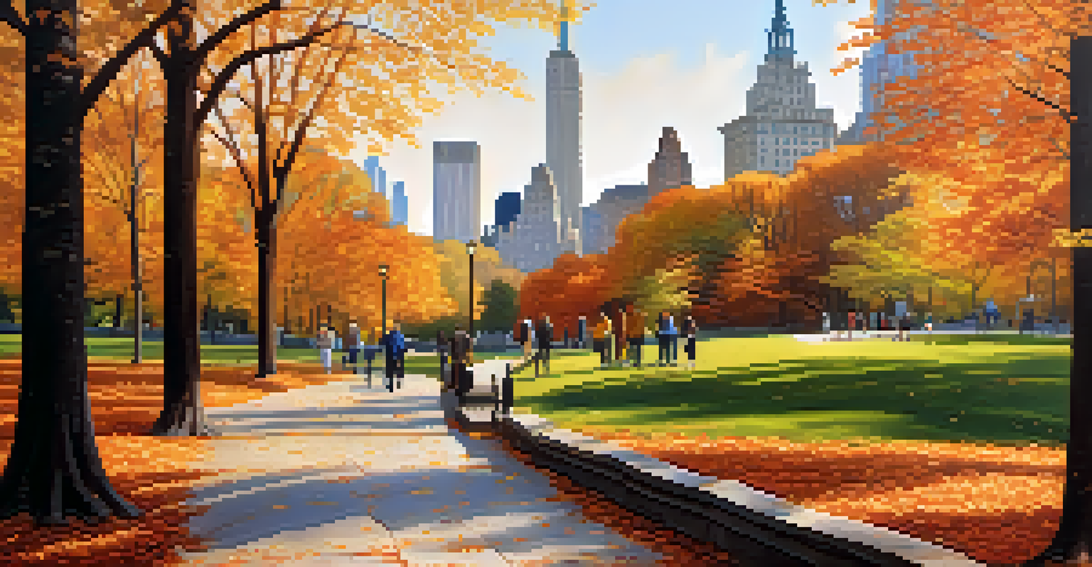 A peaceful autumn scene in Central Park, NYC, with colorful leaves and a view of the Manhattan skyline.