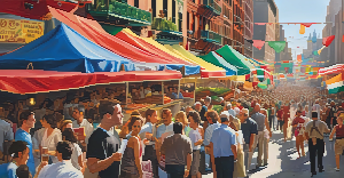 A lively street filled with food stalls and festival-goers celebrating the San Gennaro Feast in Little Italy, New York.