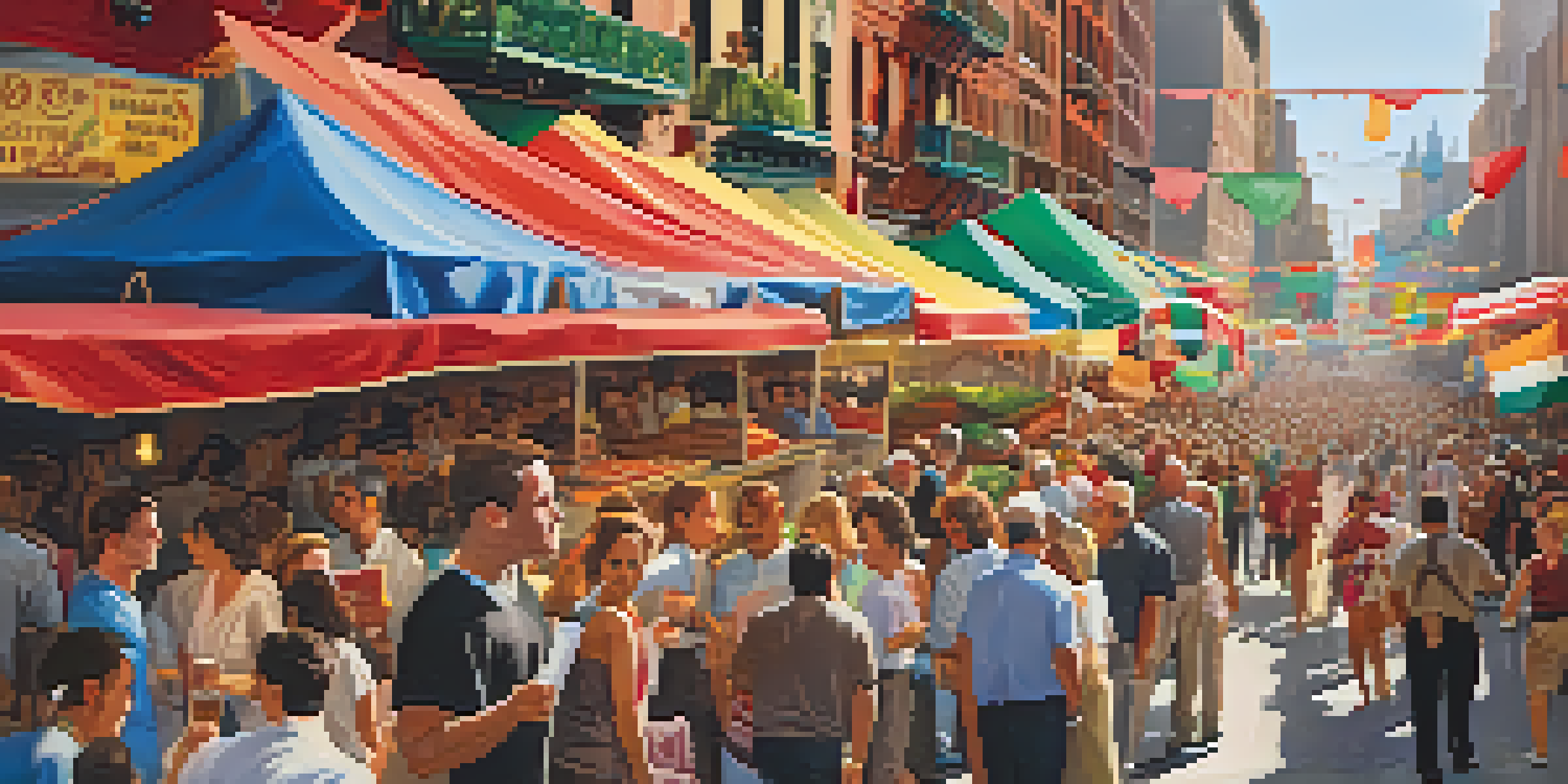 A lively street filled with food stalls and festival-goers celebrating the San Gennaro Feast in Little Italy, New York.