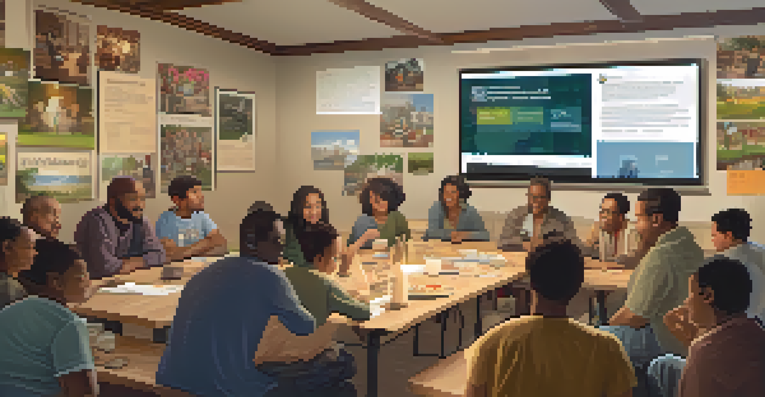 A community meeting in a neighborhood with residents discussing civic projects, surrounded by posters and a screen showing feedback from a civic app.