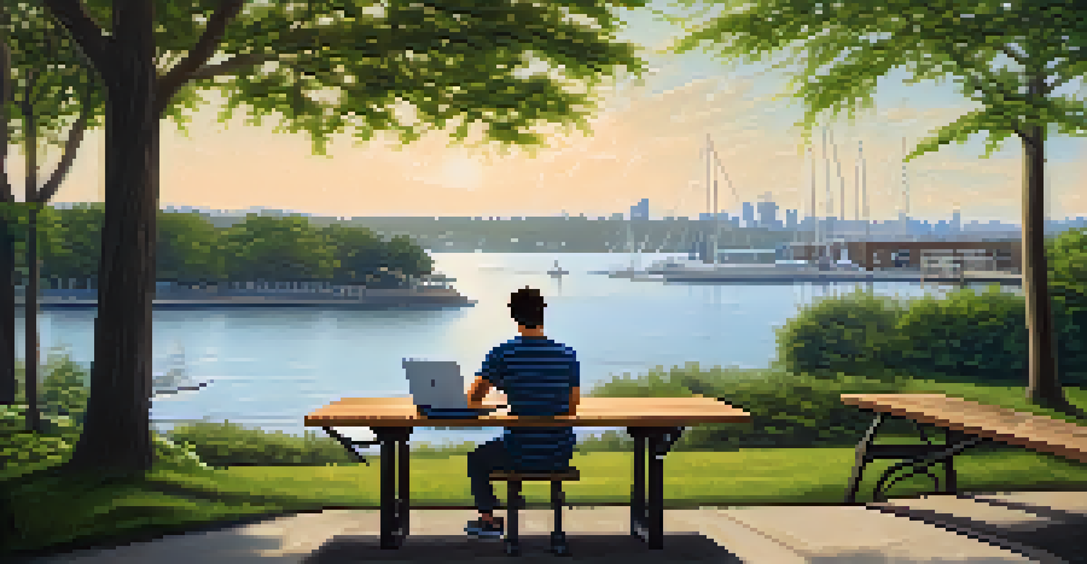 A tranquil park scene on Staten Island with a digital nomad working at a picnic table.