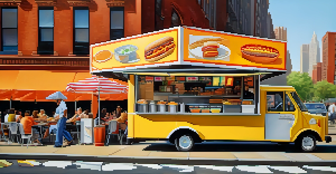 A colorful street food cart in New York City with people enjoying hot dogs and pretzels, set against a backdrop of NYC buildings.