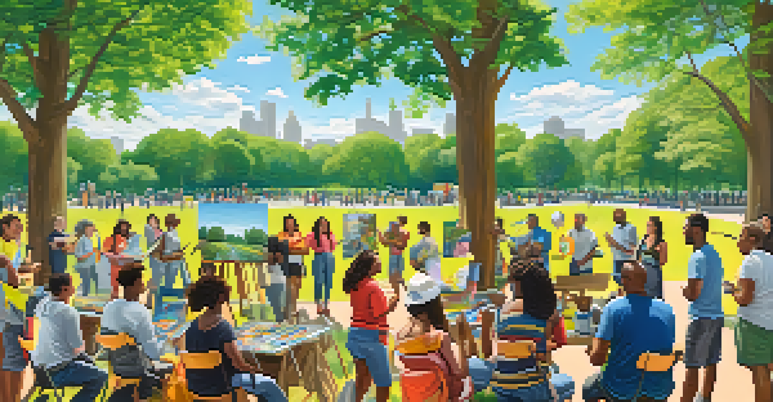 A community art workshop in Prospect Park with people painting a large mural, surrounded by trees and a bright blue sky.