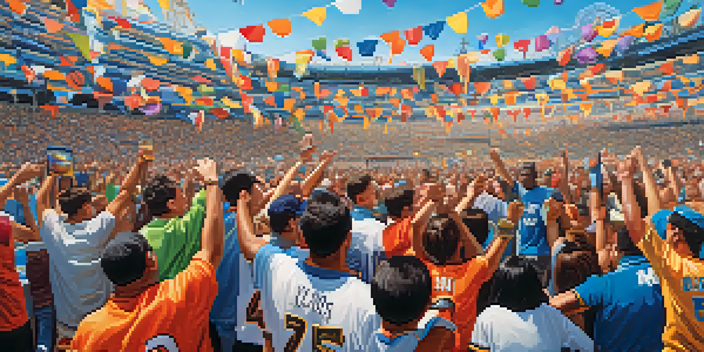 A diverse crowd of fans at a New York City sports event, wearing jerseys and waving cultural flags, with a bright stadium atmosphere.
