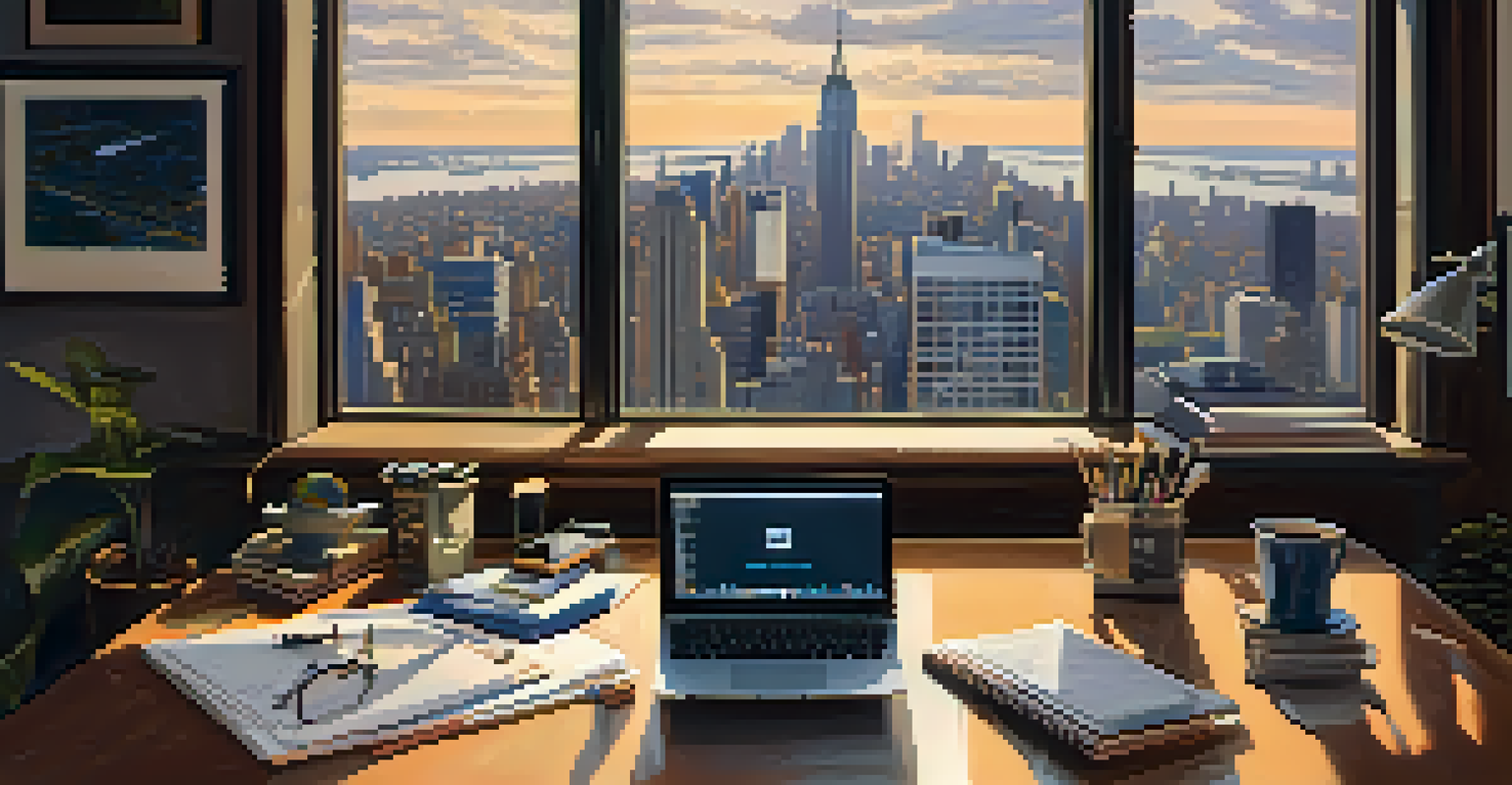 A cozy workspace with a gig worker using a laptop, surrounded by freelance tools and a view of the NYC skyline through a window.
