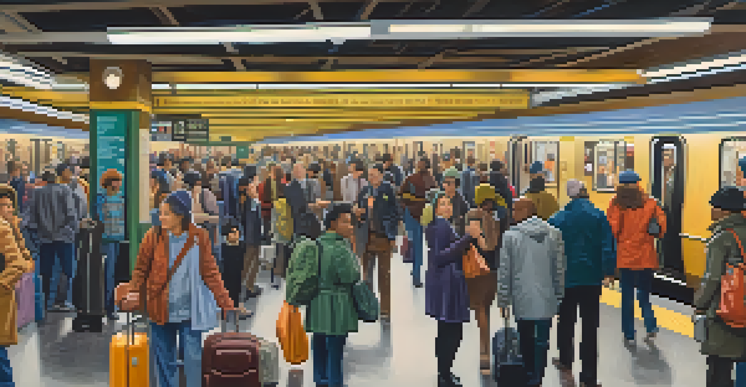 A lively subway station in NYC with diverse travelers and colorful advertisements, highlighting the city's public transportation system.