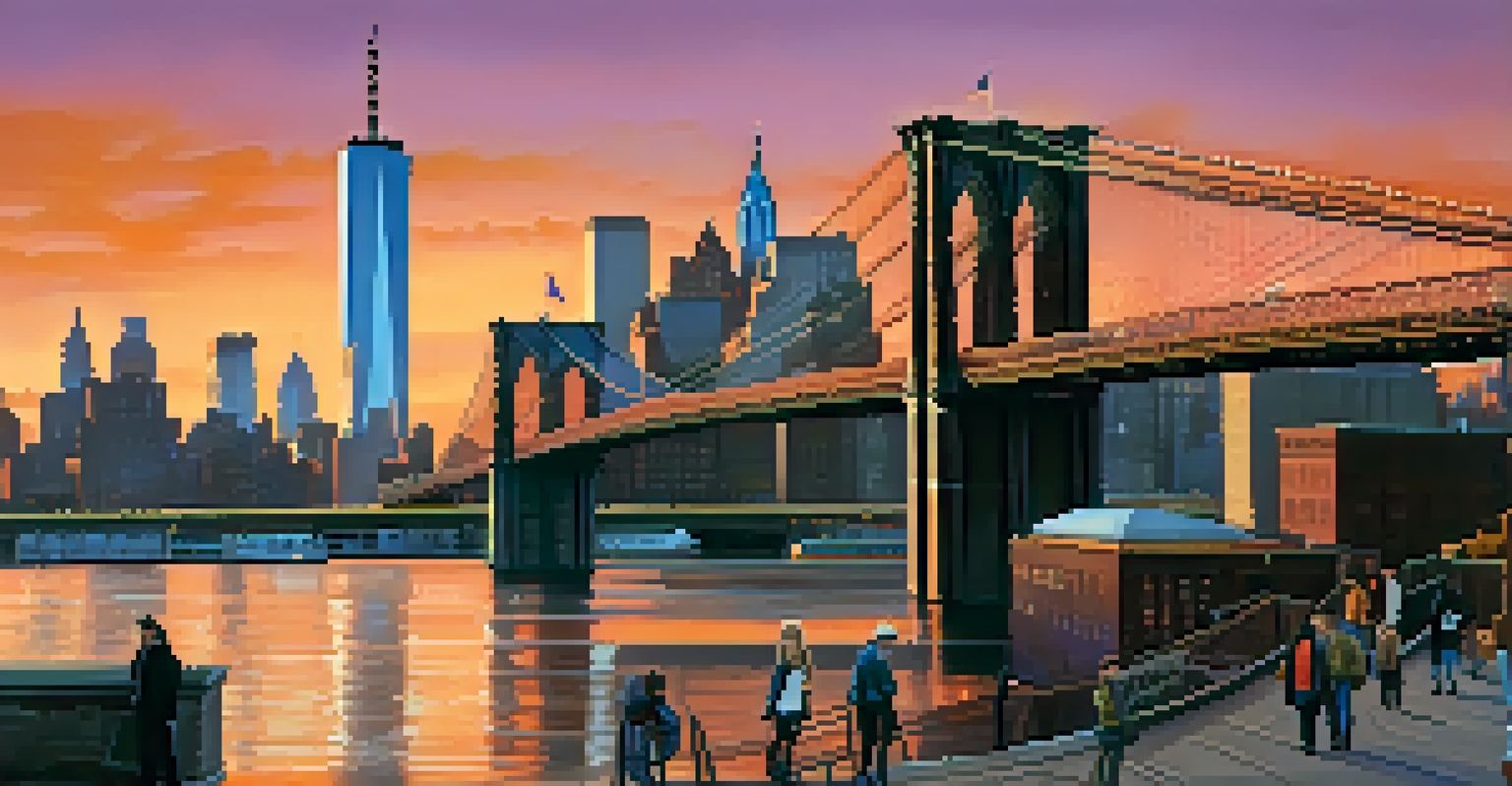 A panoramic view of the Brooklyn Bridge at sunset with pedestrians and the Manhattan skyline in the background.