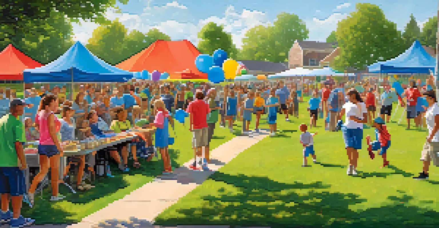 A community event at a shelter with volunteers and families participating in games and activities under a bright sky.