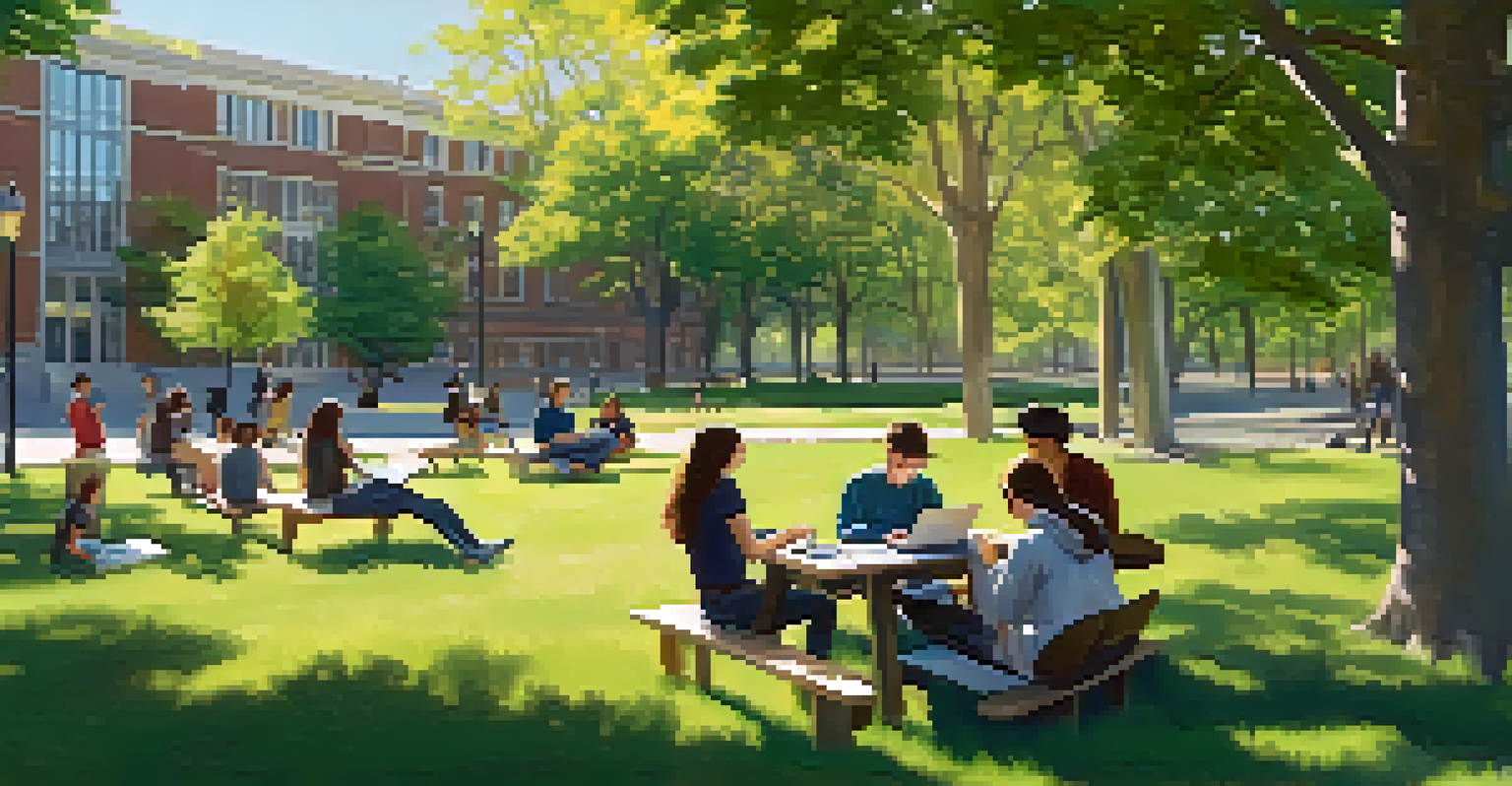 Students collaborating outdoors in a park-like setting, using laptops and engaging in group work, with trees and a blue sky in the background.