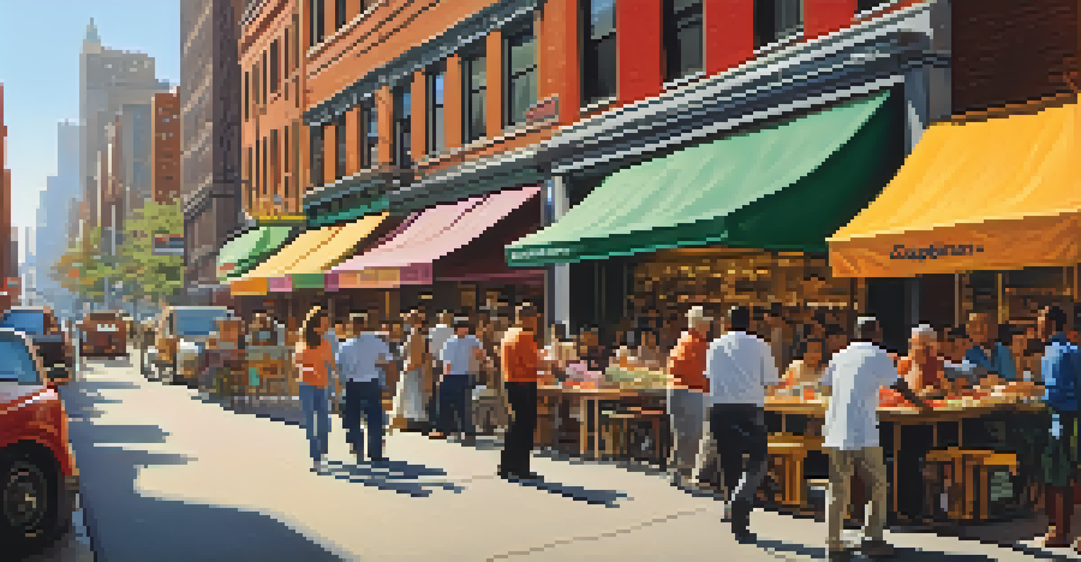 A lively street scene in New York City with diverse people interacting around colorful food stalls.