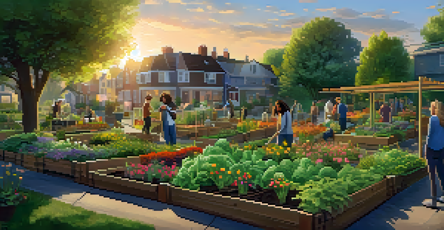 A community garden filled with individuals planting vegetables and flowers, showcasing collaboration and vibrant greenery.