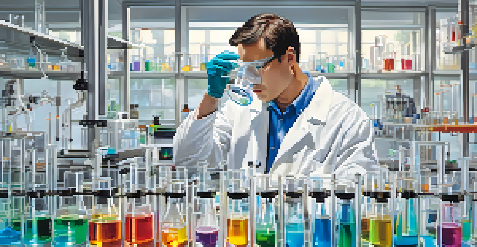 A detailed view of a water testing laboratory with beakers, instruments, and a technician in action.