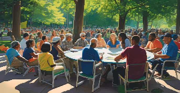 A diverse group of residents gathered around a table in a park, discussing community issues under a sunny sky.