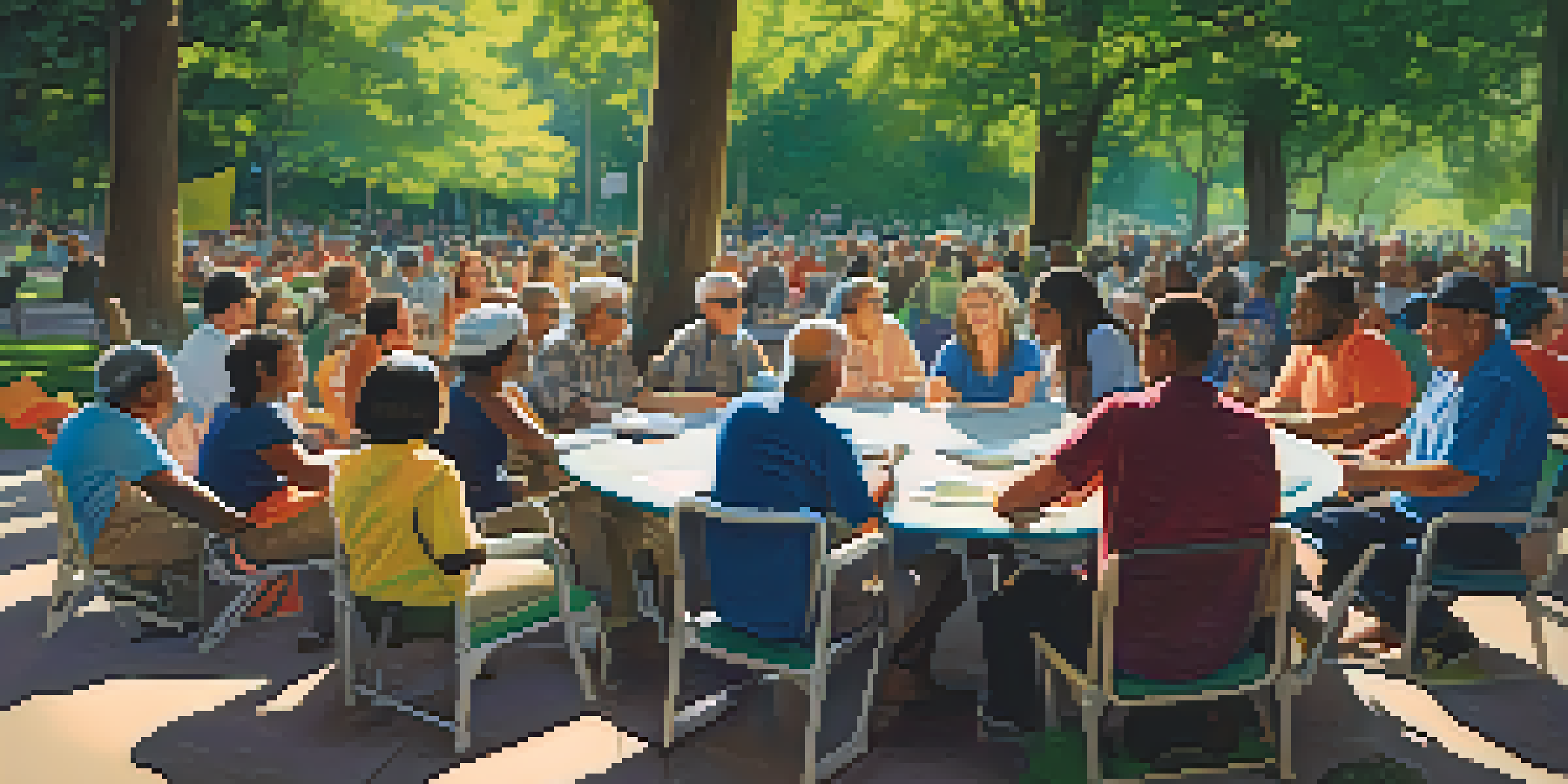 A diverse group of residents gathered around a table in a park, discussing community issues under a sunny sky.
