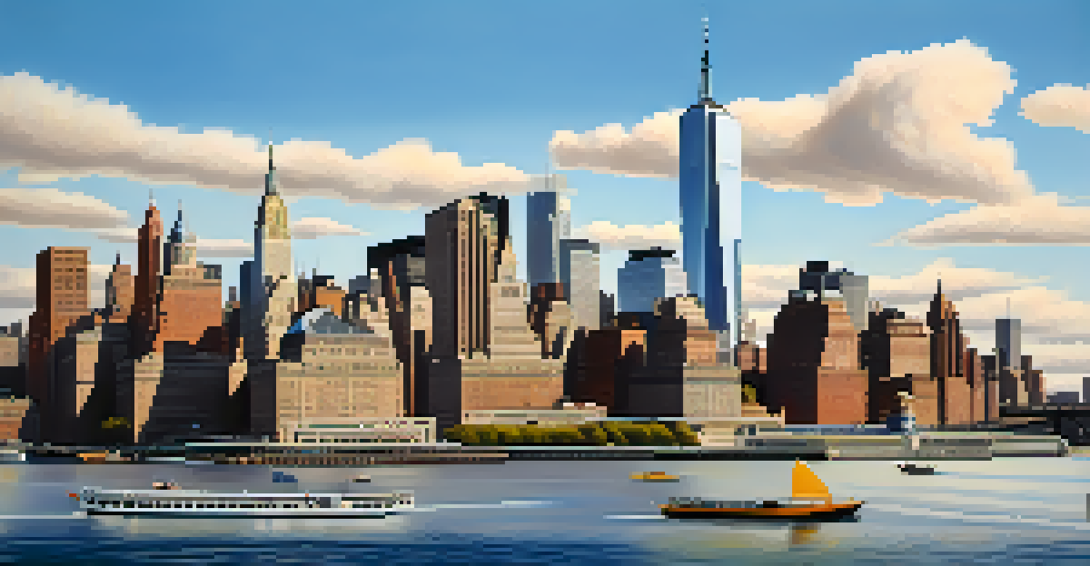 A clear day view of the New York City skyline featuring a mix of modern skyscrapers and historical buildings, with boats on the Hudson River.