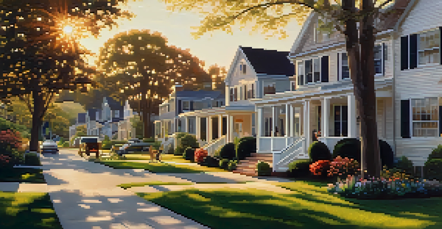 A tranquil suburban neighborhood with spacious homes and blooming gardens, featuring families engaged in outdoor activities during sunset.