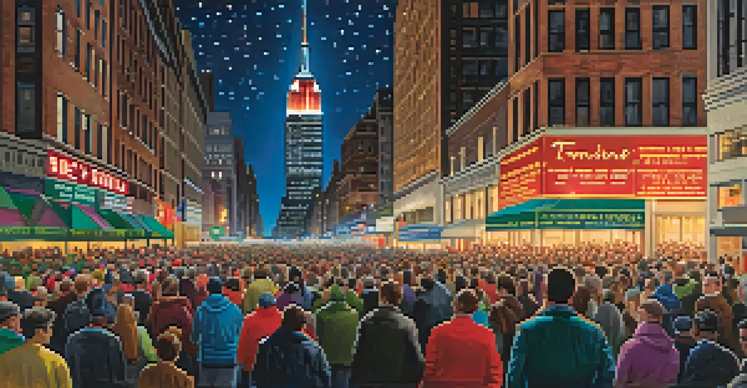 The Empire State Building lit up at night for a holiday celebration, with a crowd of people in the foreground.