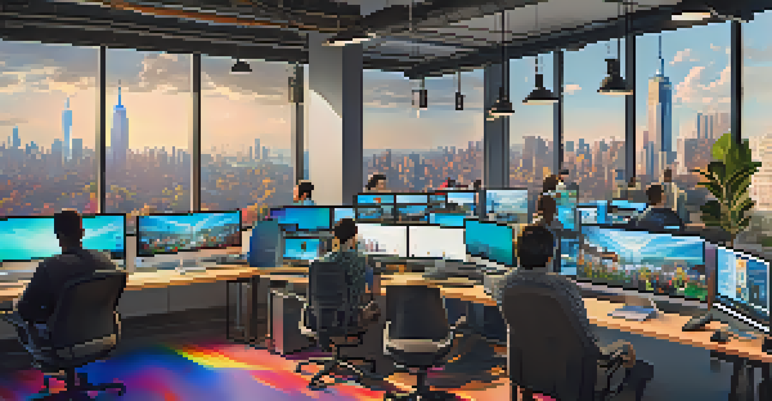 A bright and colorful digital media workspace in New York City with content creators collaborating on screens and vibrant artwork.