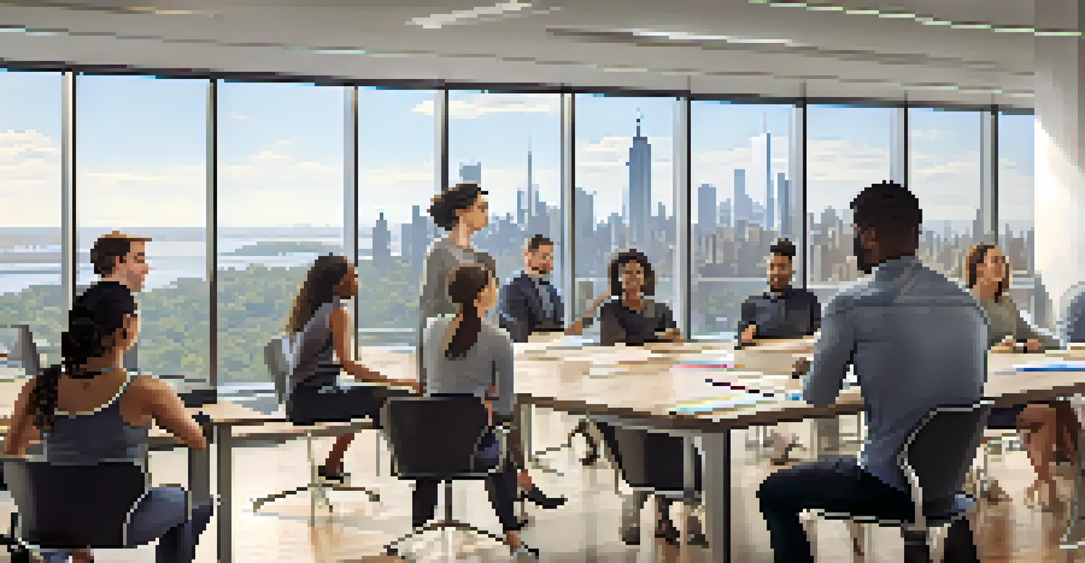 A modern office training session in NYC with a diverse group of employees learning soft skills from a female instructor using a digital presentation.