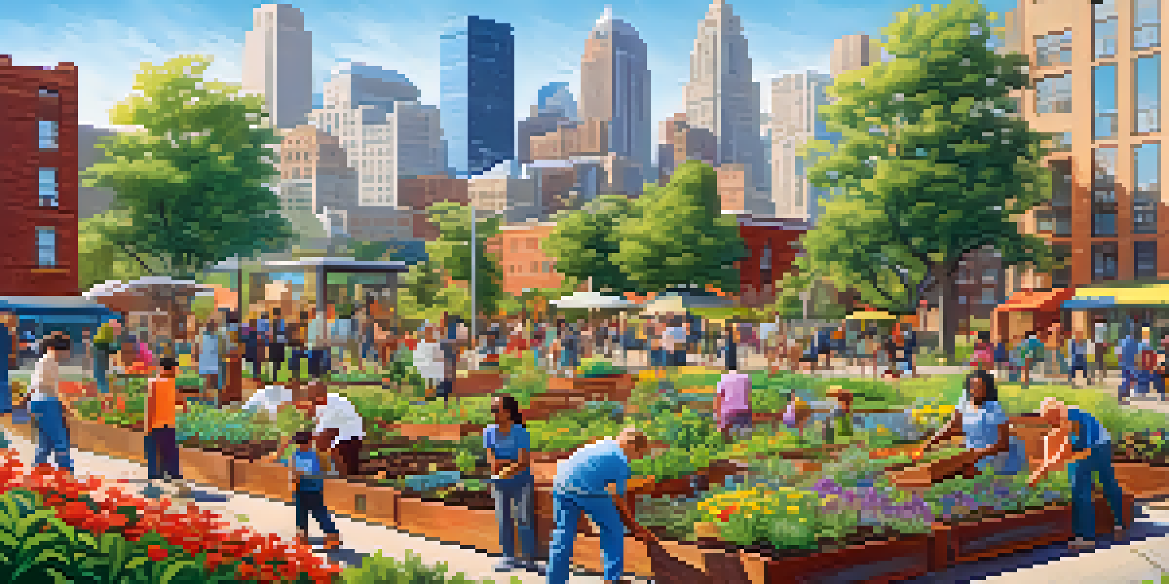 A community garden with diverse individuals planting flowers and vegetables, surrounded by a lively urban park and a city skyline in the background.
