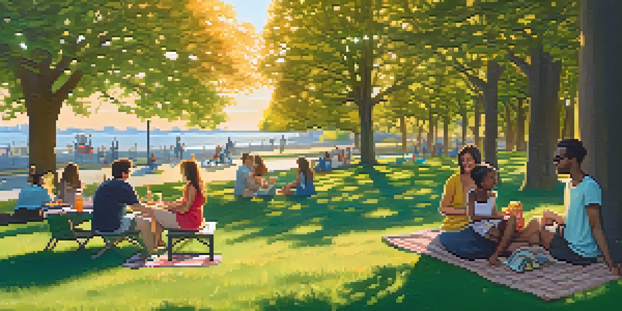 A peaceful park scene in New York City at sunset, showing groups of diverse people enjoying time together.