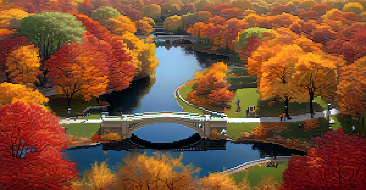 A picturesque aerial view of Central Park in autumn, showcasing colorful foliage and a tranquil lake.