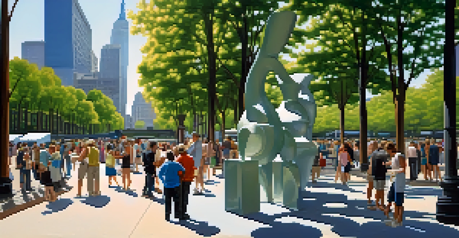 An outdoor art exhibition in a park, showcasing large sculptures with people interacting, set against the backdrop of New York City skyscrapers and greenery.