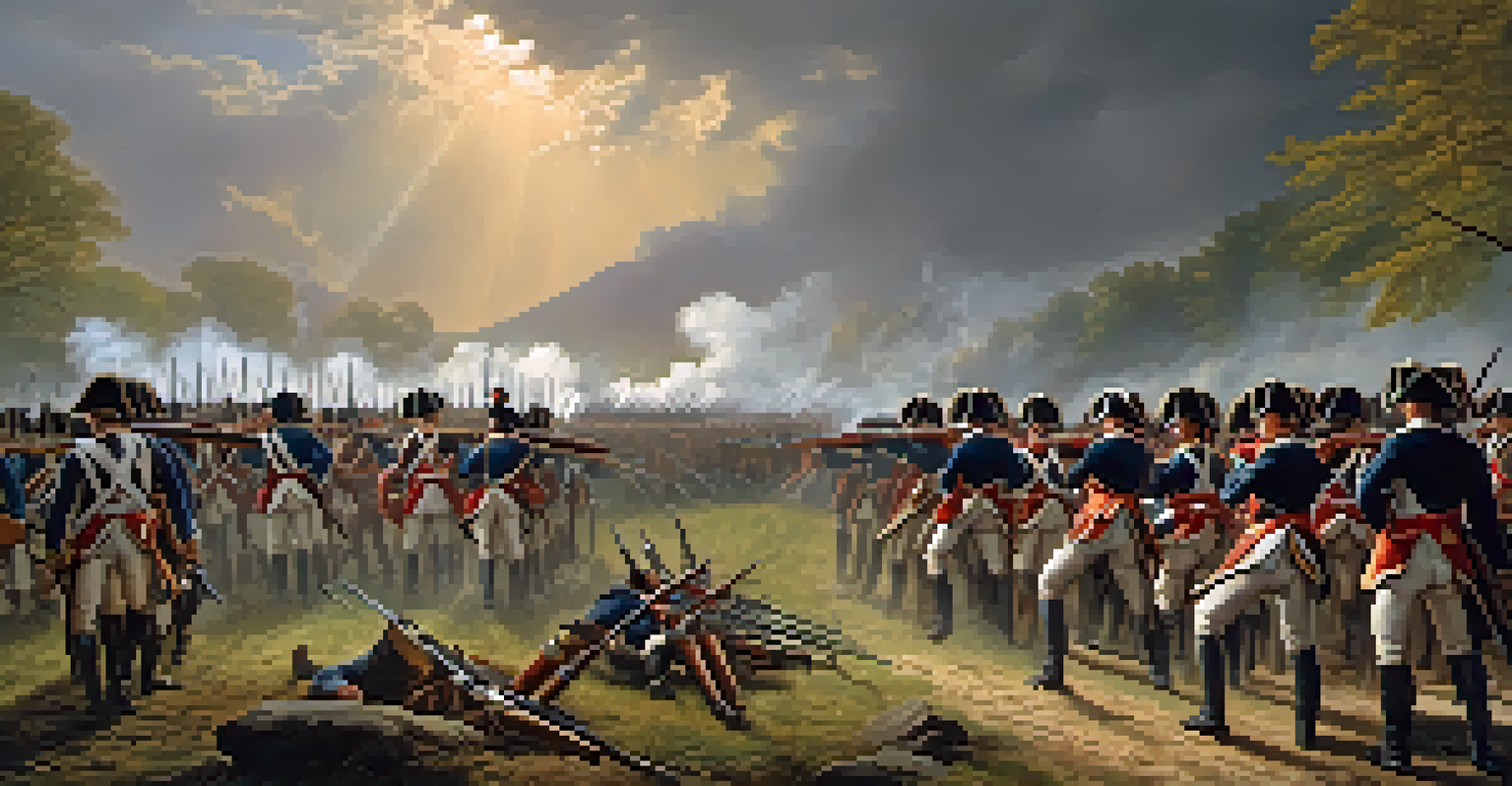 Continental Army soldiers in a dramatic battle scene during the American Revolution, with smoke and clouds overhead.