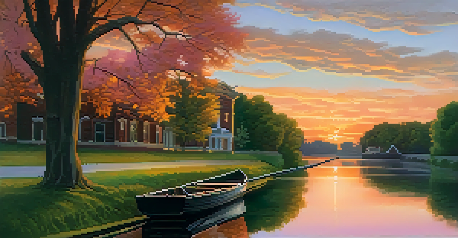 A sunset view of the Erie Canal with tranquil waters and silhouettes of trees and buildings.