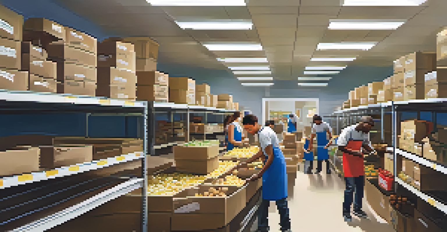 Teenagers sorting and packing food items in a local food bank, showcasing teamwork and community service.