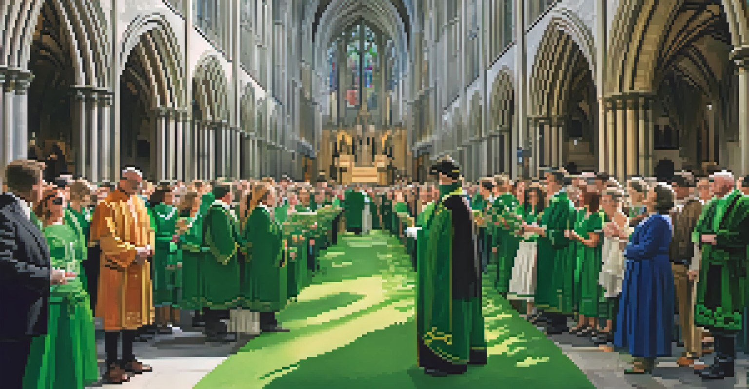 A diverse group of people celebrating in front of St. Patrick's Cathedral, decorated for St. Patrick's Day, with joyful expressions.