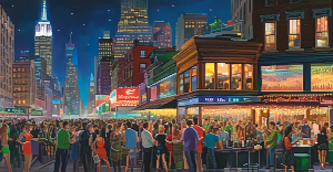 A busy New York City street at night with colorful lights, crowds of people, and a rooftop bar in the foreground.