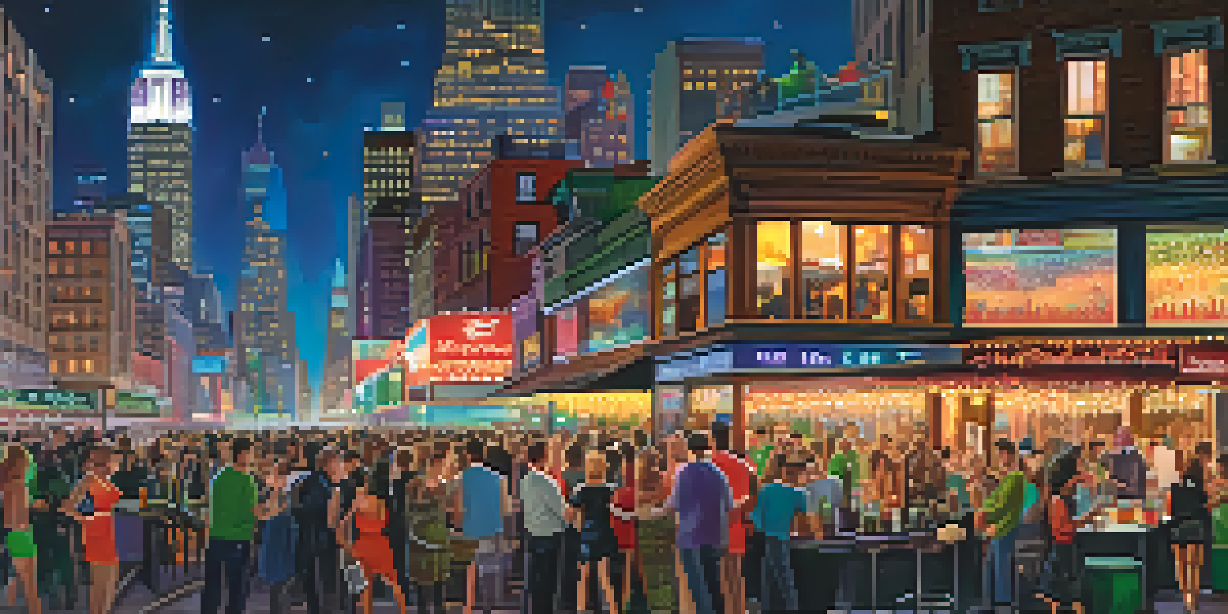 A busy New York City street at night with colorful lights, crowds of people, and a rooftop bar in the foreground.