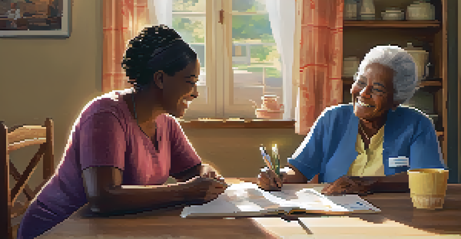A Community Health Worker visiting an elderly woman at home, discussing health topics at the kitchen table.