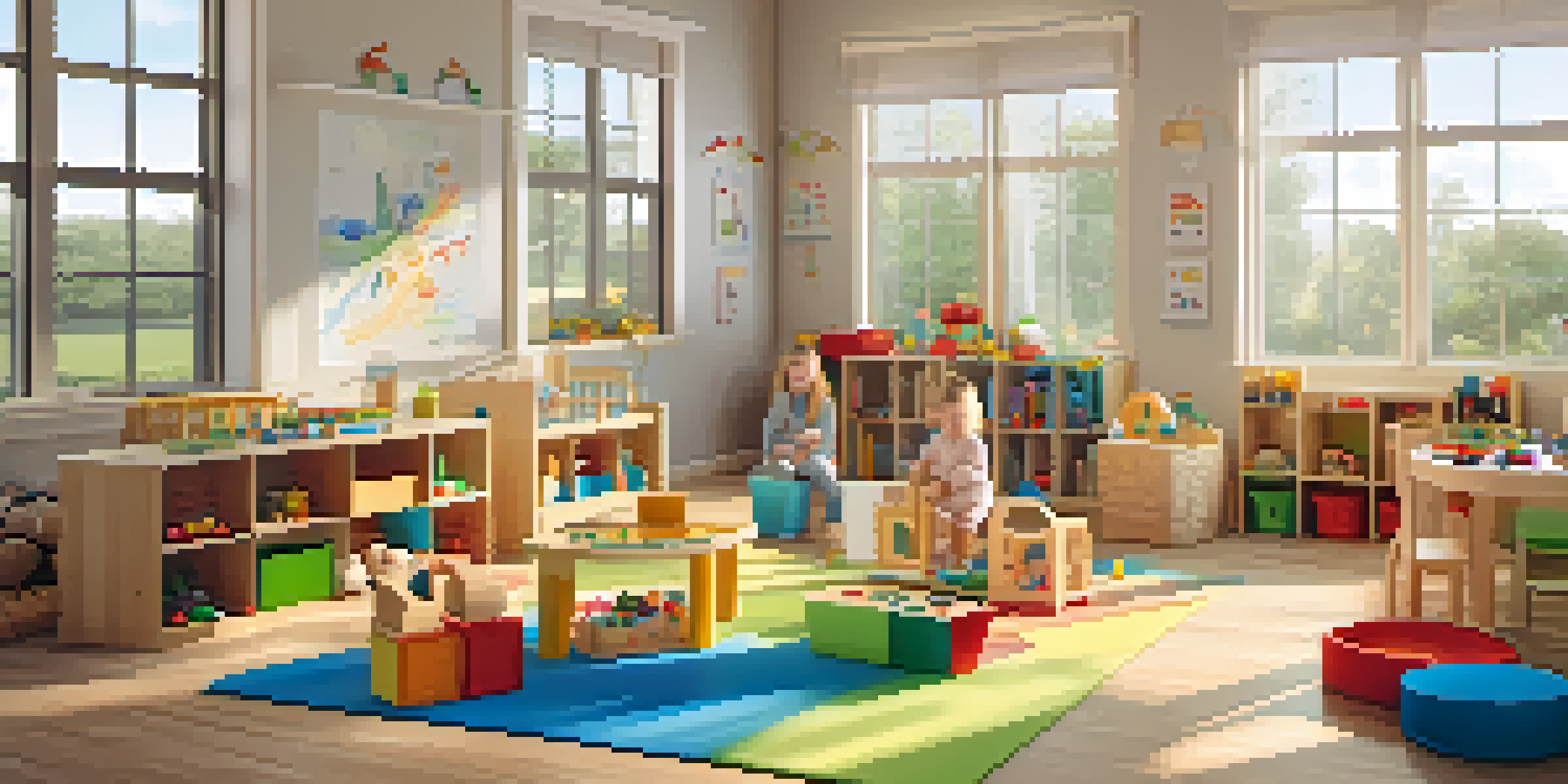 A family daycare environment with children playing on colorful mats, surrounded by toys and bright natural light.