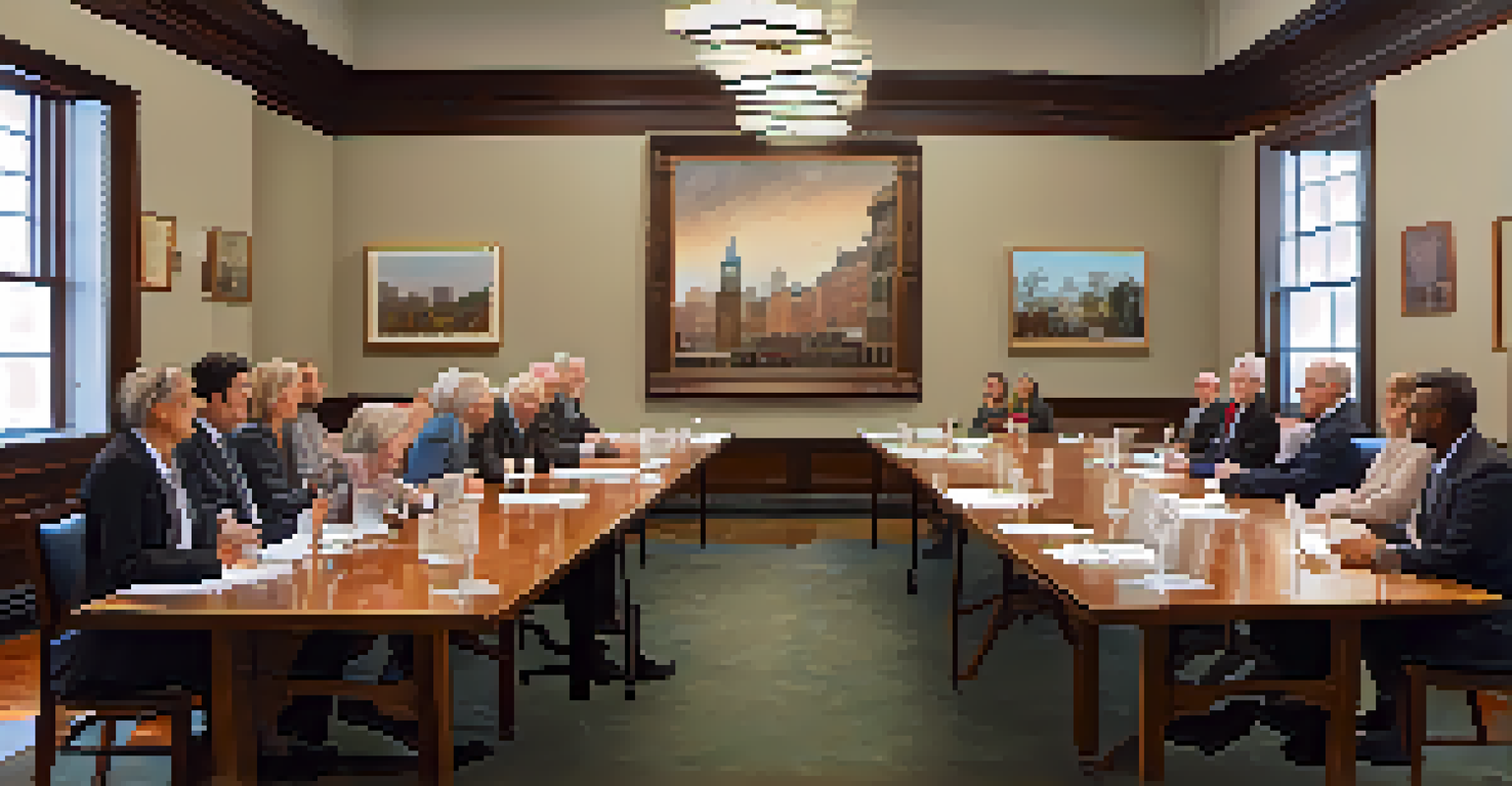 A meeting room of the Landmarks Preservation Commission with community members discussing historic preservation around a large table.