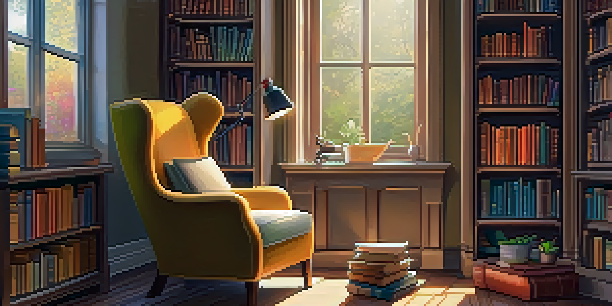 A cozy home library with an armchair, a reading lamp, and colorful books on shelves, illuminated by soft sunlight.