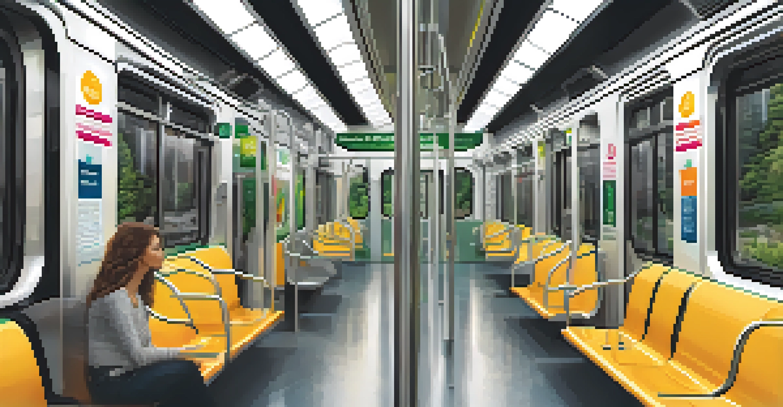 Inside a modern subway train with passengers using mobile apps, promoting sustainable transit with bright and clean aesthetics.