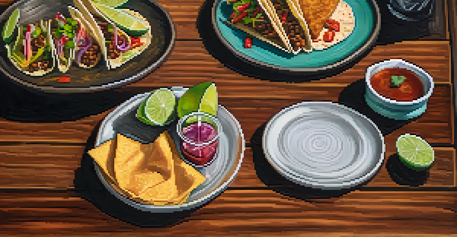 A mezcal cocktail and spicy tacos on a rustic bar table with blurred patrons in the background.