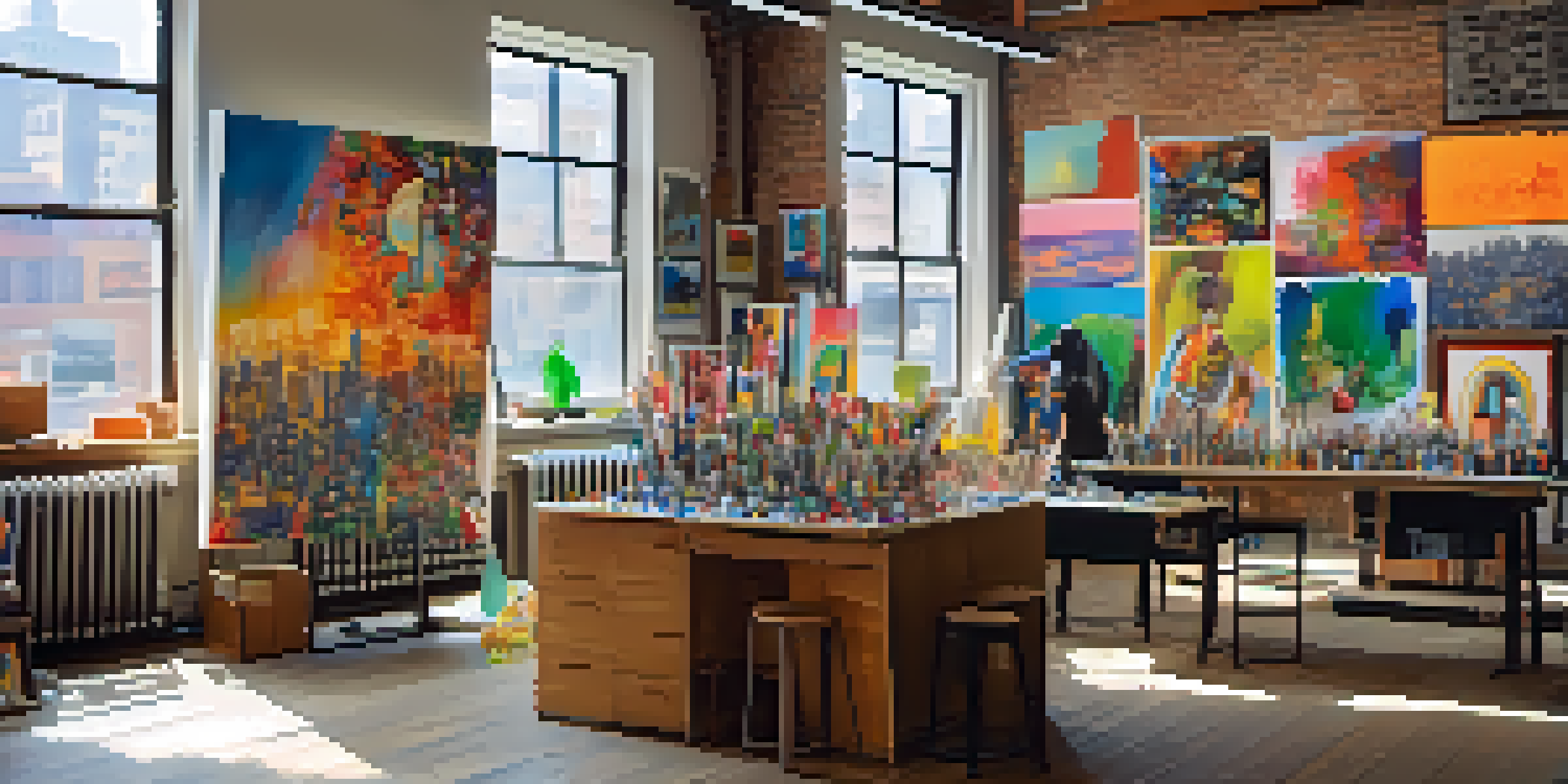 A vibrant open studio in New York City showcasing diverse artists collaborating on various art pieces, with colorful artwork and natural light flowing in.