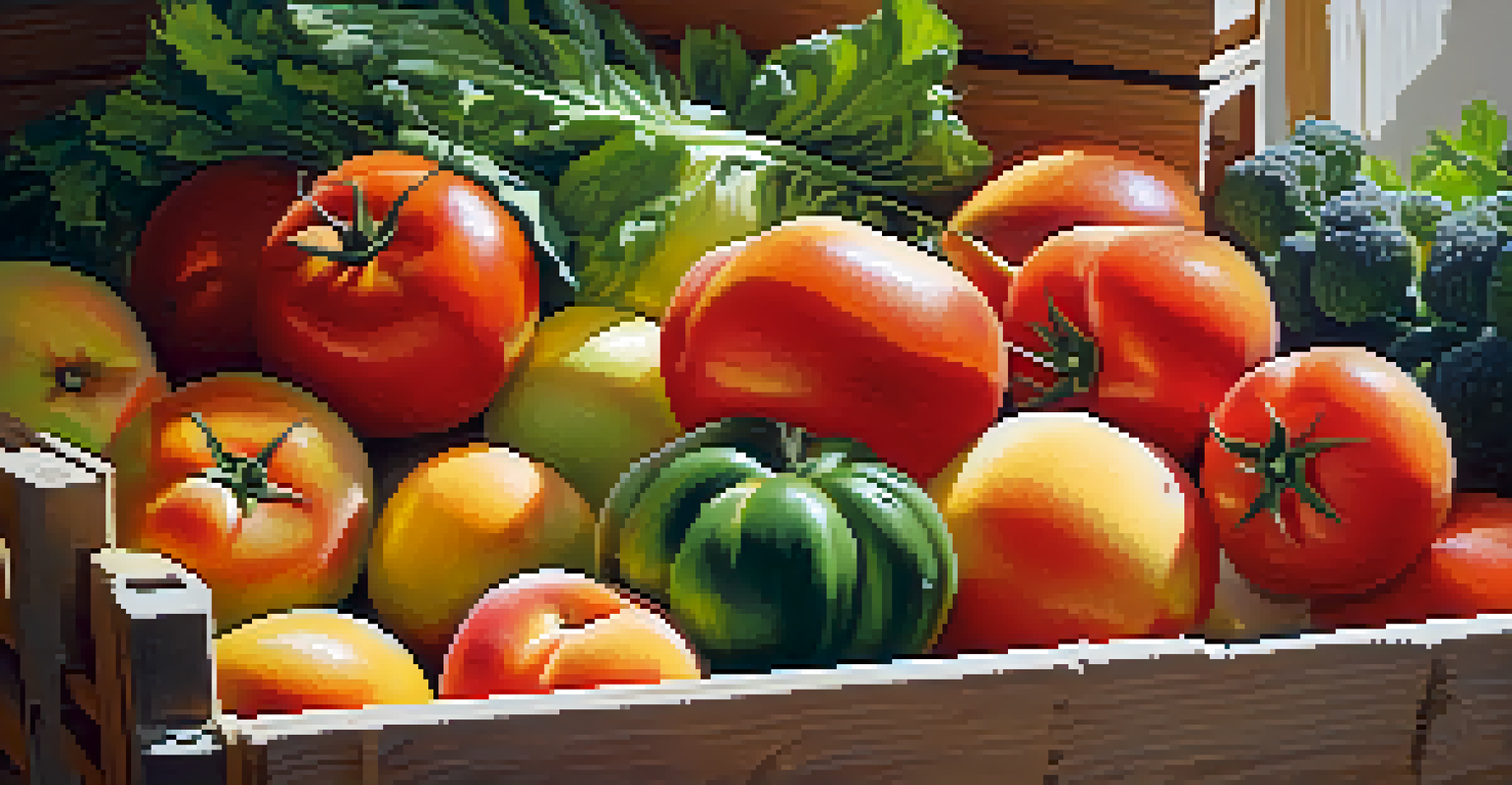 A close-up of fresh seasonal fruits and vegetables displayed at a farmers' market, showcasing their vibrant colors and textures.