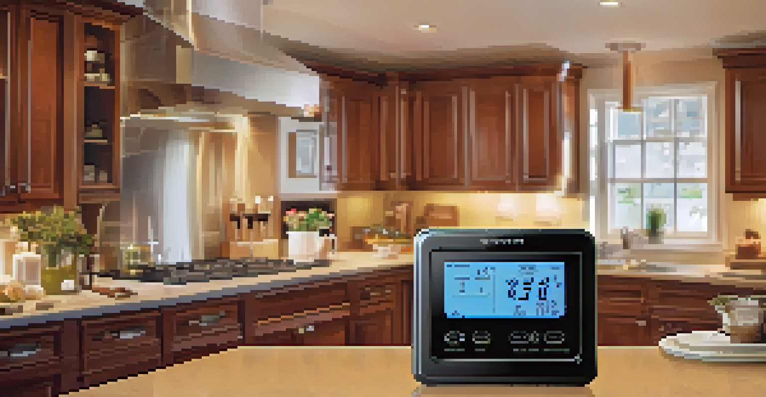 Close-up of a smart meter displaying energy usage in a cozy kitchen.
