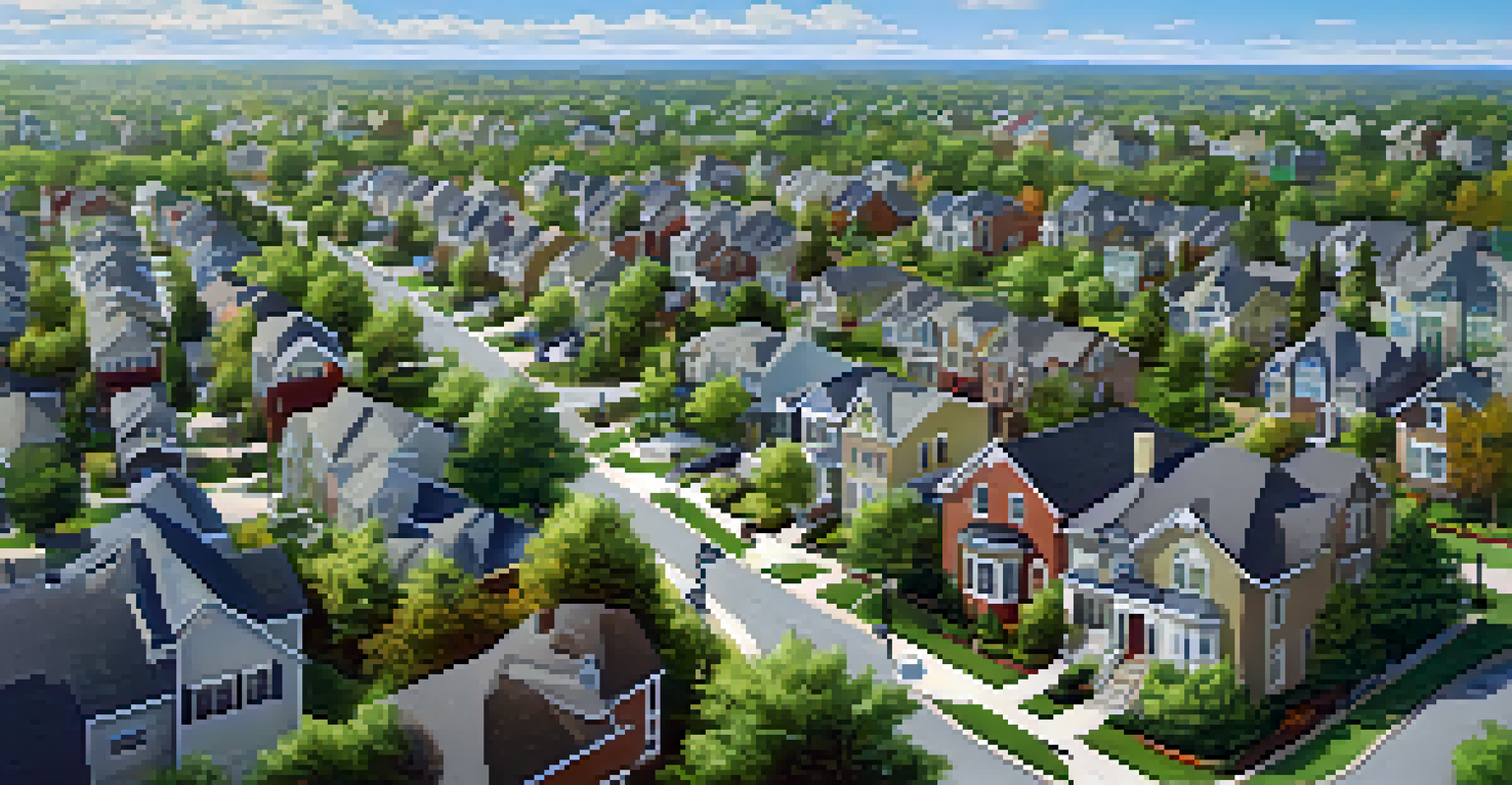 Aerial view of a suburban area with homes, parks, and commercial buildings under a clear blue sky.