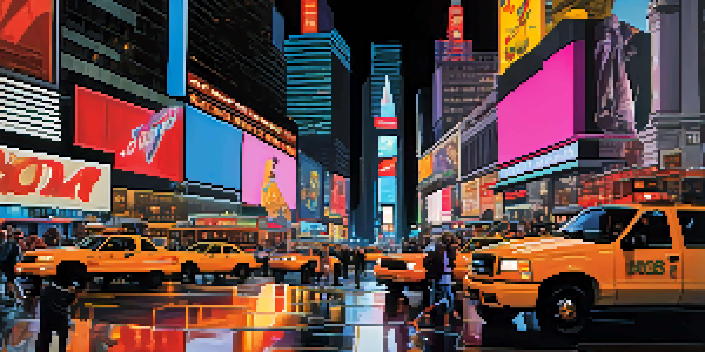 A busy Times Square at night filled with colorful neon lights, street performers, and tourists, with reflections on the wet pavement.