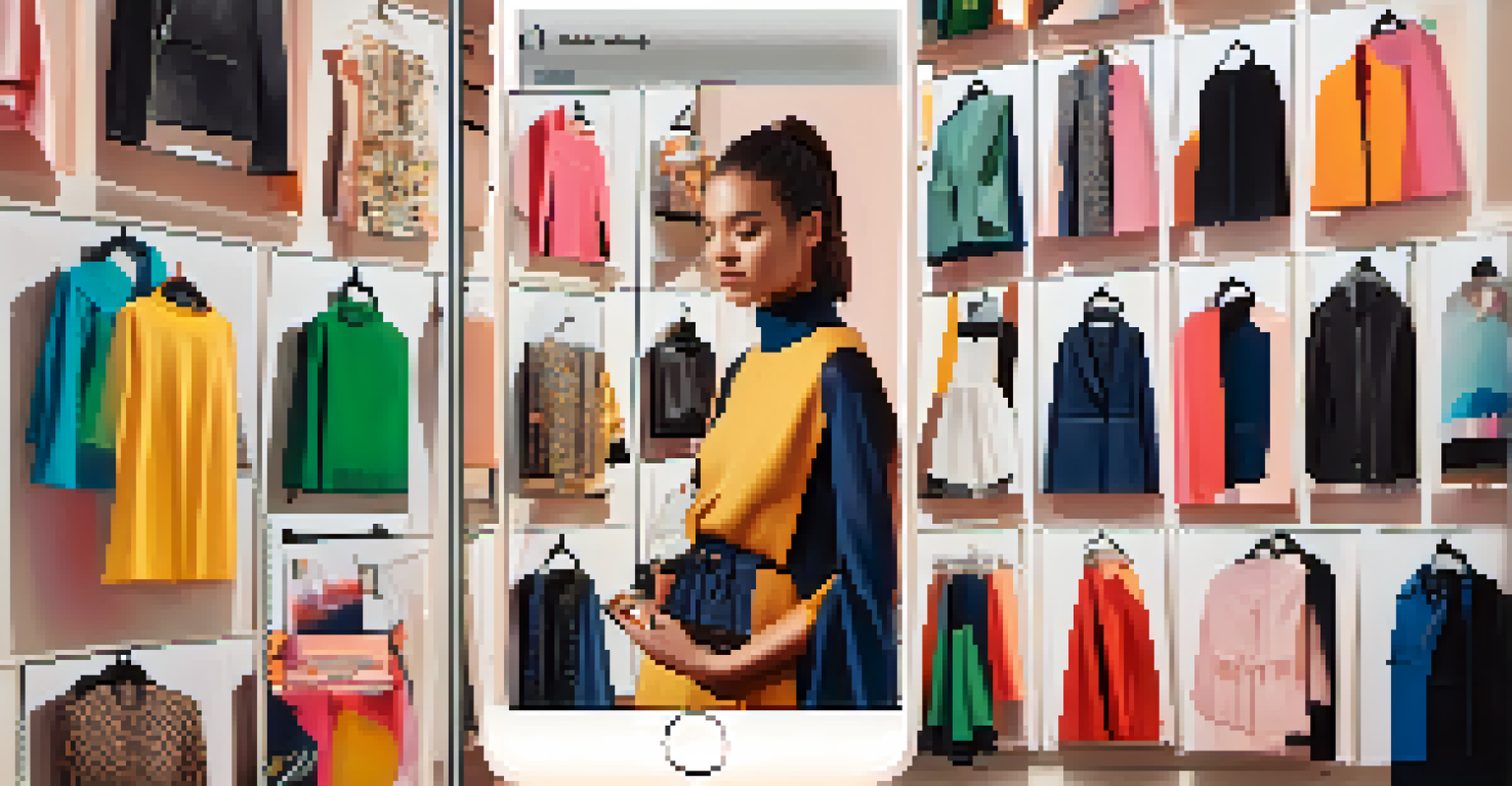 An emerging designer happily showcasing their fashion collection on Instagram in a stylish studio filled with fabric and fashion books, illustrating the role of social media in fashion.