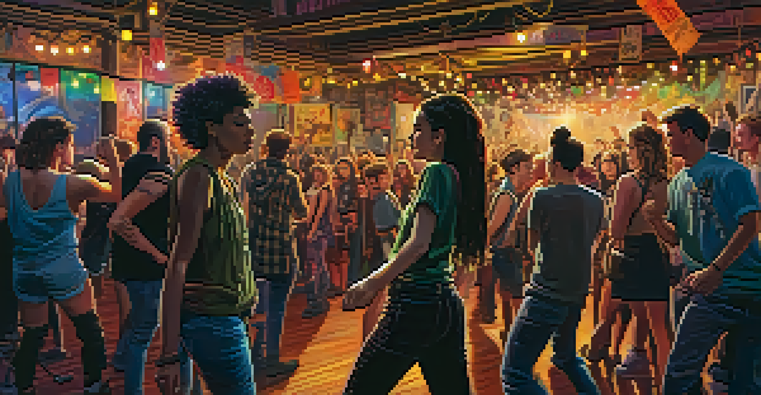 A lively DIY punk concert scene with a diverse crowd dancing in a dimly lit venue, featuring handmade posters and colorful stage lights.