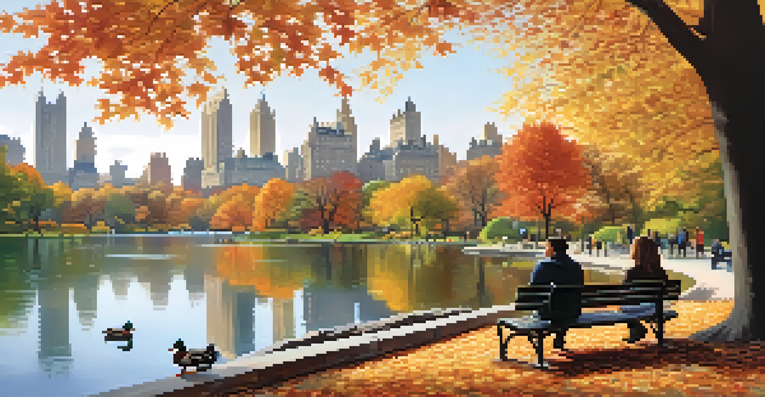 A peaceful autumn scene in Central Park with colorful trees and a couple sitting on a bench.