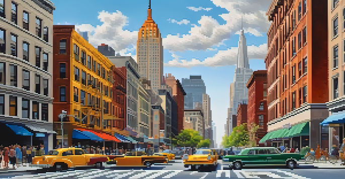 A busy street in New York City featuring a mix of modern skyscrapers and historic brownstones, with pedestrians and taxis, against a clear blue sky.