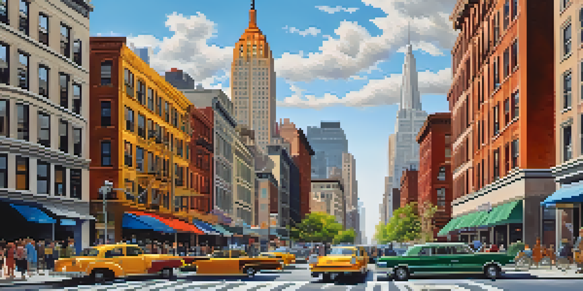 A busy street in New York City featuring a mix of modern skyscrapers and historic brownstones, with pedestrians and taxis, against a clear blue sky.