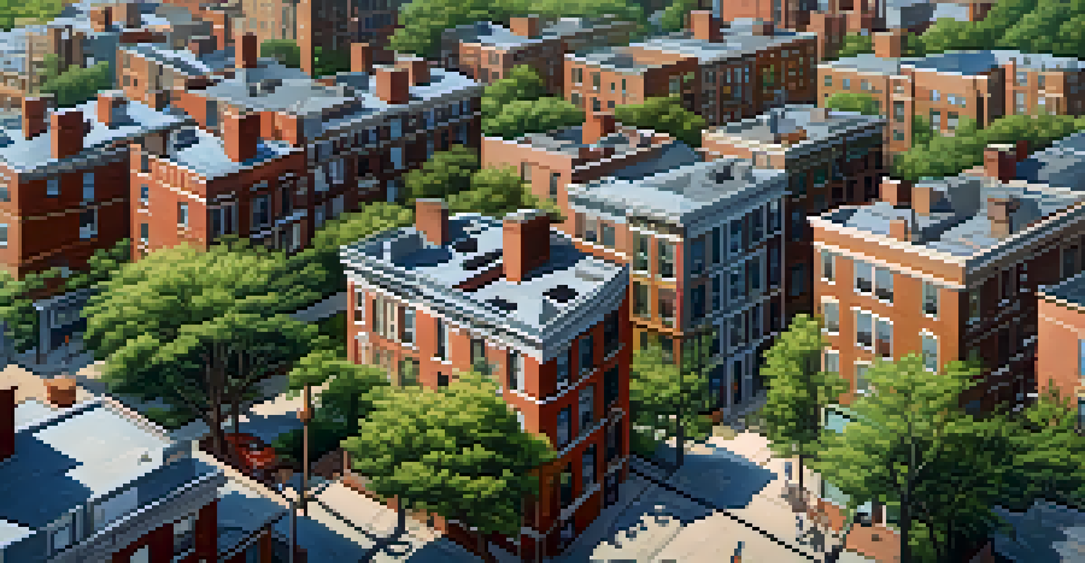 Aerial view of a neighborhood showing a mix of historic brownstones and modern high-rises, with green spaces and people enjoying the outdoors.